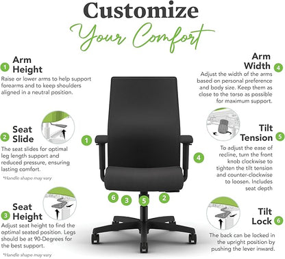 HON Ignition 2.0 Mid Back Task Chair, Spectrum Mesh, Standard Synchro-Tilt Control, Office Chair with Lumbar Support, Height and Width Adjustable Arms, Black Frame, Linen