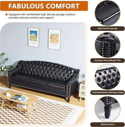 LEVNARY Mid-Century Modern Leather Couch, 80" Large Upholstered Sofa with High Back, Chesterfield Sofa Sleeper Settee with Solid Wood Legs, Tufted 3 Seater Wide Couches for Living Room Office (Black)