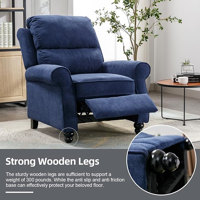 Push Back Recliner Chair, Fabric Armchair Overstuffed Pushback Recliner, Heavy Duty Single Sofa Chair with Padded Seat Solid Wood Legs for Living Room (Blue)