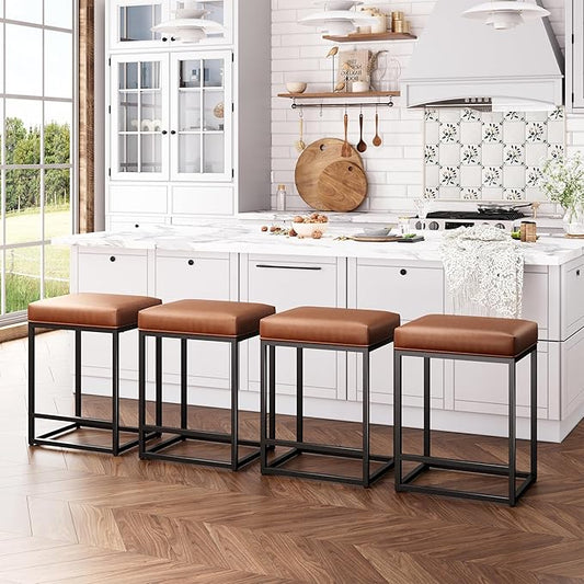 ALPHA HOME 24 Inch Counter Height Bar Stools Set of 4, Upholstered Bar Stools for Kitchen Island, Counter Stools with Faux Leather Cushion and Sturdy Metal Frame, Modern Barstools, Caramel