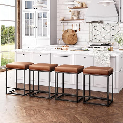 ALPHA HOME 24 Inch Counter Height Bar Stools Set of 2, Upholstered Bar Stools for Kitchen Island, Counter Stools with Faux Leather Cushion and Sturdy Metal Frame, Modern Barstools, Caramel