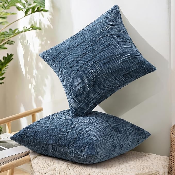 decorUhome Navy Blue Chenille Throw Pillow Covers 20x20 Set of 2 Thick Textured Slubby Couch Pillow Covers Farmhouse Accent Modern Neutral Decorative Pillow Cases for Bed Sofa Living Room