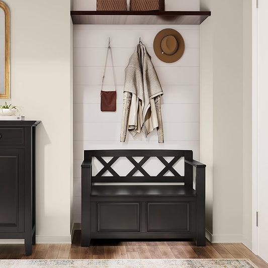 SIMPLIHOME Amherst Entryway Storage Bench - 36 inch Wide Solid Wood Small Hallway Seat in Hickory Brown, Transitional Bench for Entryway or Living Room with Lift-Up Lid and Compact Storage