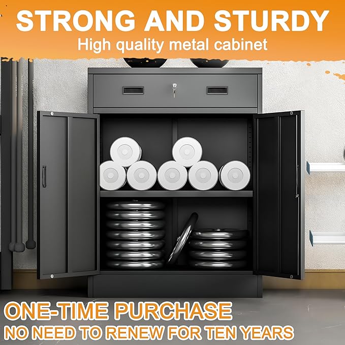 Metal Storage Cabinet, 36 Inch Tall Metal Storage Cabinet with Doors and Shelves, Pantry Cabinets with Drawer for Kitchen Storage, Garage Cabinet for Living, Dining Room, Assemble Required.