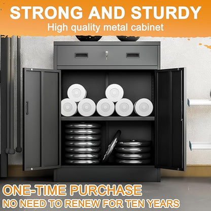 Metal Storage Cabinet, 36 Inch Tall Metal Storage Cabinet with Doors and Shelves, Pantry Cabinets with Drawer for Kitchen Storage, Garage Cabinet for Living, Dining Room, Assemble Required.
