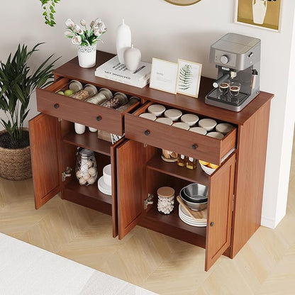 49" Brown Buffet Cabinet with Doors & Drawers, Modern Kitchen Storage Sideboard, Coffee Bar Console for Dining Room, Living Room, Entryway
