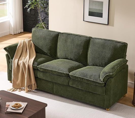ONBRILL 86.6" Corduroy Couches for Living Room, Comfy 3 Seater Sofa with Pillow-Top Armrest & Dual-Layer Cushions, Mid Century Modern Couch for Bedroom, Apartment, Green