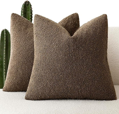 Foindtower Pack of 2 Textured Boucle Throw Pillow Covers Accent Solid Pillow Cases Cozy Soft Decorative Couch Cushion Case for Chair Sofa Bedroom Living Room Home Decor 18x18 Inch Chocolate