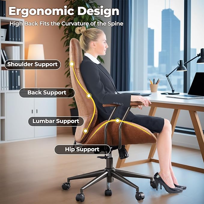 ovios Home Office Ergonomic Chair, Mid-Century Modern Luxury Faux Suede Leather Chairs, Comfy High Back Computer Swivel Rolling Task Armchair for Executive, Brown