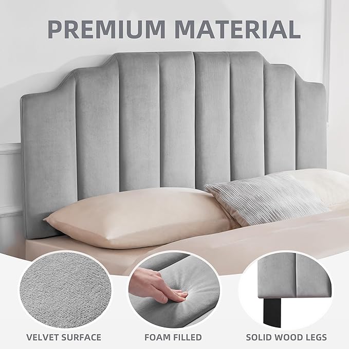 Velvet Upholstered Headboard Queen, Tufted Headboard, Elegantly Curved headboard only, Soft Padded headboards Queen Size, Modern Vertical Channel Design Head Board, Soft Grey