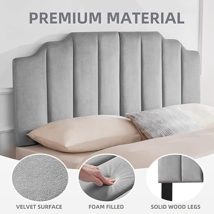 Velvet Upholstered Headboard Queen, Tufted Headboard, Elegantly Curved headboard only, Soft Padded headboards Queen Size, Modern Vertical Channel Design Head Board, Soft Grey