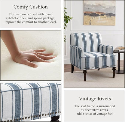 Pia Ricco Stripe Accent Chairs 2 Pack - Modern Nailhead Trim Armchairs with Wood Legs, Comfy Living Room Bedroom Home Office Seating-Blue