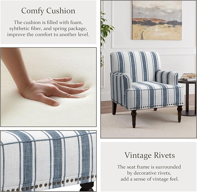 Pia Ricco Stripe Accent Chair-Modern Nailhead Trim & Wood Legs Armchair - Comfy Living Room, Bedroom, or Home Office Seating-Blue
