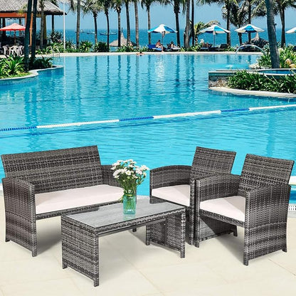 COSTWAY Patio Furniture Set 4 Pieces, Outdoor Wicker Chairs Sofa w/Coffee Table and Soft Cushions, Rattan Conversation Sets for Patio Lawn Backyard Yard Pool Garden, White