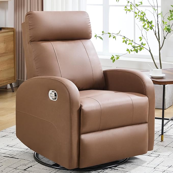 Swivel Rocker Recliner Chair, Manual Faux Leather Recliner, Glider Rocking Recliners 360°Swivel Nursery Reclining Chairs with Adjustable Headrest Highback for Living Room, Coffee