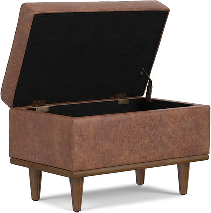 SIMPLIHOME Shiloh 26 inch Wide Transitional Contemporary Small Storage Ottoman in Distressed Saddle Brown Vegan Faux Leather, Assembled, for The Living Room, Entryway and Family Room