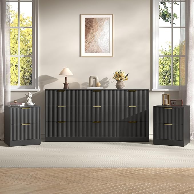 3-Piece Modern Bedroom Furniture Set, Wide 9-Drawer Dresser & 2-Drawer Nightstands Set of 2, Natural Wood Dresser and Nightstand Sets for Bedroom, Hallway, Black