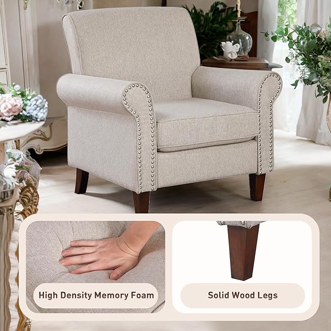 Prilinex Upholstered Living Room Chair Set of 2 - Large Comfy Fabric Accent Chair Single Sofa with Cushion, Rolled Armrest & Nailhead Trim, Mid Century Farmhouse Armchair for Bedroom, Office, Beige