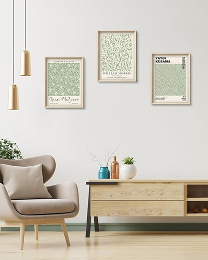 HesenDot Framed Matisse Sage Green Wall Art,William Morris Canvas Wall Decor,16x12IN High Framed Wood Design Prints,Minimalist Classic Decor Aesthetic for Living Room,Bedroom,Bathroom Set of 3