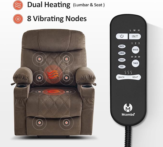 MCombo Small Size Triple Motor Power Lift Recliner Chair Sofa with Massage and Dual Heating, Adjustable Headrest for Elderly People Petite, USB Ports, Extended Footrest, Fabric 7222 (Coffee)