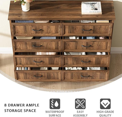CARPETNAL Farmhouse 8 Drawer Dresser for Bedroom, 55 Inch Wide Modern Brown Dresser TV Stand with Large Drawers & Bar Handles, Rustic Wood Chest of Drawers for Bedroom, Living Room, Hallway, Entryway.