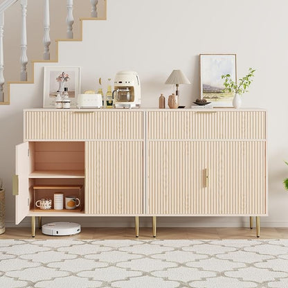Coffee Bar Cabinet with 2 Doors & Drawer, Sideboard Buffet with Adjustable Shelves, Accent Liquor Storage Cabinet, Fluted Cabinet with Gold Hardware, Console Table for Living Dining Room, Oak