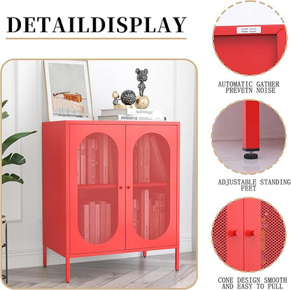 Metal Storage Cabinets with Doors and Shelf, Small Closet with High Feet, Display Cabinets with 2 Mesh Doors, Red Dresser for Home, Office, Living Room,Dining Room,Sideboard, Hallway and Entryway