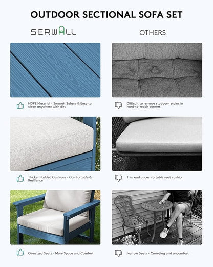 SERWALL HDPE Patio Furniture Set, 7-Piece Outdoor Sectional Sofa Set, All Weather Outdoor Couch Set for Deck, Lawn, Blue Frame with Khaki Cushion