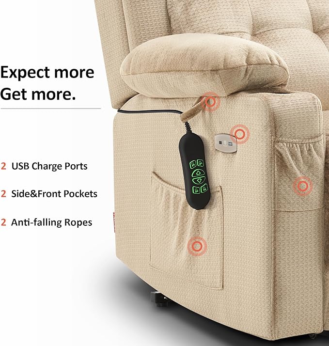 MCombo Medium Triple Motor Power Lift Recliner Chair with Massage and Heat for Elderly People, Adjustable Headrest, Infinite Position, USB Ports, Fabric 7661 (Beige, Medium)