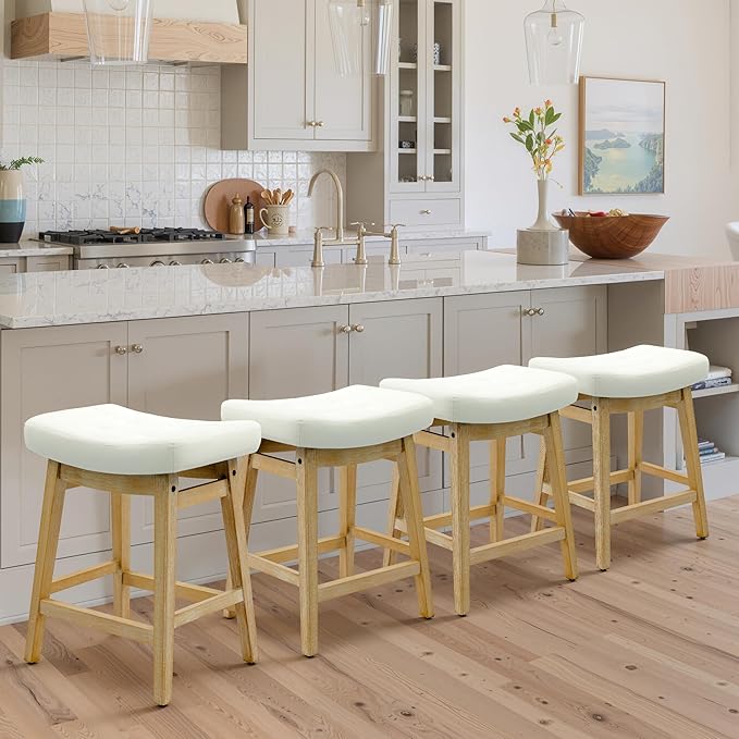 Counter Height White Bar Stools Set of 4 for Kitchen Counter Farmhouse Modern Barstools with Faux Leather Upholstered Backless Seat and Solid Wood Legs 24 inch Bar Chairs, White + Wood Color