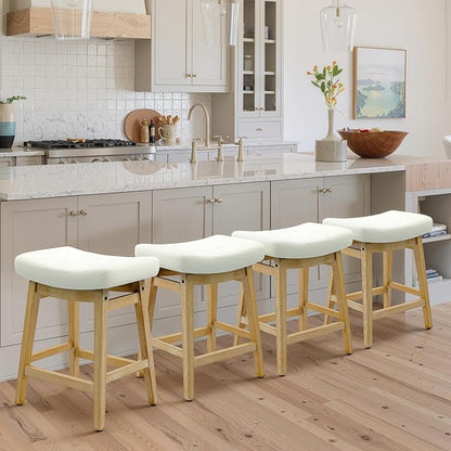 Counter Height White Bar Stools Set of 4 for Kitchen Counter Farmhouse Modern Barstools with Faux Leather Upholstered Backless Seat and Solid Wood Legs 24 inch Bar Chairs, White + Wood Color