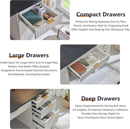 JXQTLINGMU 58" Modern Executive Desk with Storage, Wood Home Office Desk with 5 Drawers & 1 Cabinet, Fluted Computer Writing Desk for Study, Living Room, Bedroom, Antique White