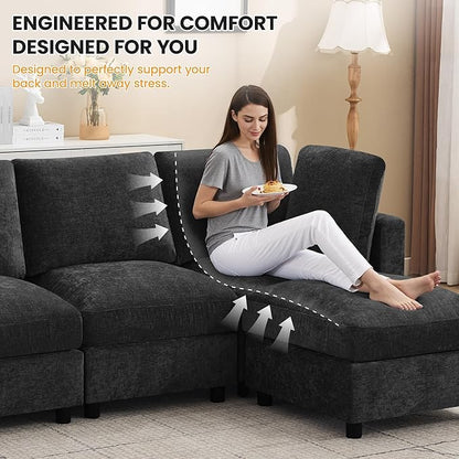 4-Seater Modular Sectional Cloud Sofa with Ottoman, Convertible L-Shaped Couch for Living Room, Modern Deep Seat Modular Sofa, Chenille Dark Grey