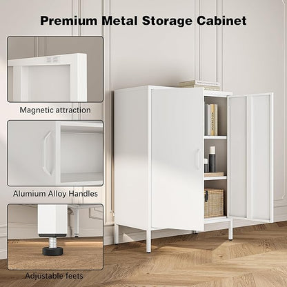 Metal Locker Cabinet with 2 Doors, White Metal Accent Cabinets for Home Office, 40" Counter Height Storage Lockers Sideboard for Home Office Kitchen Living Room Hallway Entryway