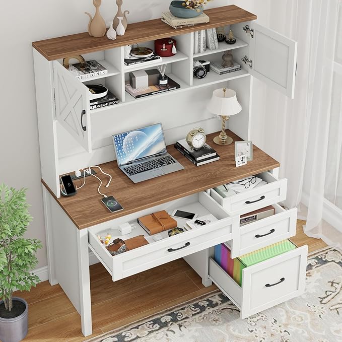 Farmhouse 67" H Executive Desk with Hutch,Office Desk with 4 Drawers and LED light, Wood Workstation for Home Office and Study, Computer Desk with Storage Cabinet & File Drawers and Charging Station