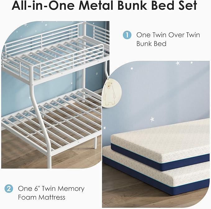Bunk Beds Twin Over Full Size with 6" Mattresses Included, All-in-One Bunk Bed for Kids/Adults, Heavy Duty Sturdy Frame with Ladder Guardrail, With Memory Foam Mattress, Easy Assembly（White）