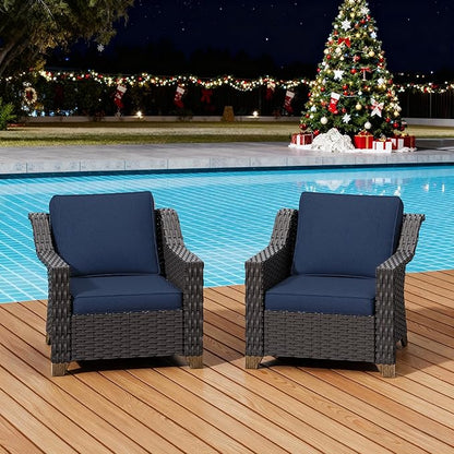 Patio 2 Pieces Wicker Chairs Set of 2，Outdoor PE Rattan Armchairs, Water-Resistant Cushions with Removable and Washable Covers, Porch, Balcony, Sunroom (Navy Blue)
