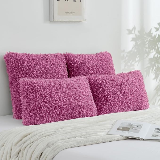 FUTEI Hot Pink Decorative Throw Pillow Covers 12x20 Inch Set of 2,Soft Fluffy Faux Wool Fur Boucle Textured Lumbar Pillow Case,Modern Home Decor for Couch Bed Living Room Office