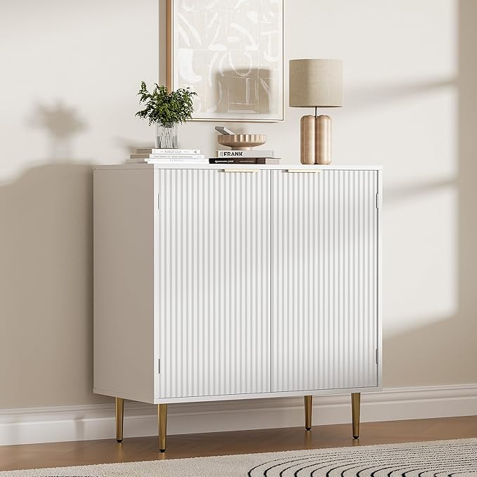 Buffet Sideboard Cabinet [Set of 2] with 4 Doors, Modern Cabinet with with Adjustable Shelf, Golden Handles & Legs, Coffee Bar Sideboard for Kitchen, Living Room, White