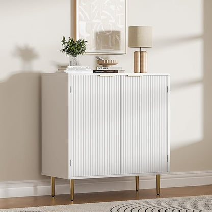 Buffet Sideboard Cabinet [Set of 2] with 4 Doors, Modern Cabinet with with Adjustable Shelf, Golden Handles & Legs, Coffee Bar Sideboard for Kitchen, Living Room, White