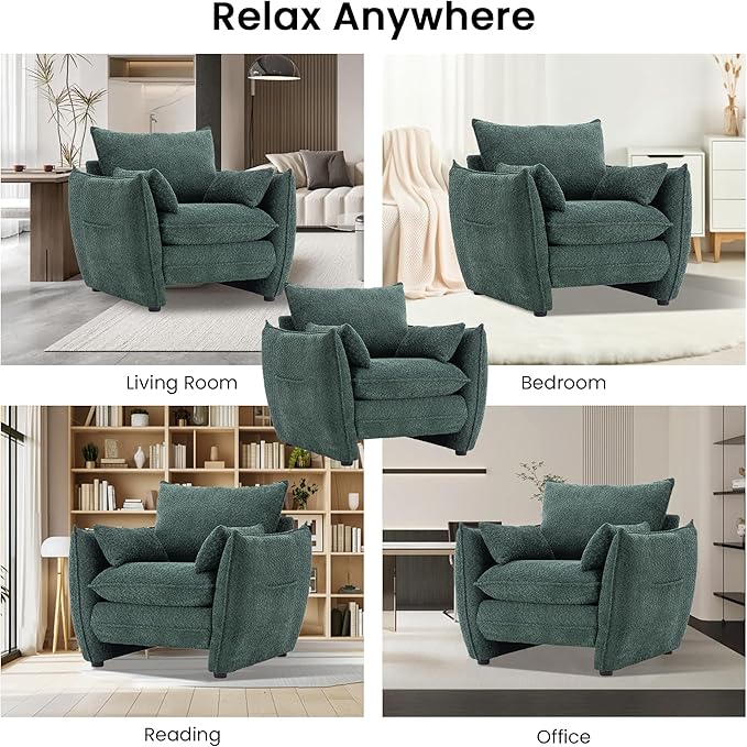 Chenille Oversized Accent Chairs Set of 2, Modern Oversized Armchair with Removable Pillow, Comfy Living Room Chair with Side Pocket Storage for Bedroom, Office, Green