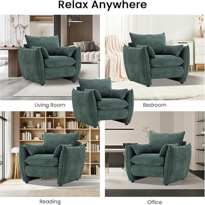Chenille Oversized Accent Chairs Set of 2, Modern Oversized Armchair with Removable Pillow, Comfy Living Room Chair with Side Pocket Storage for Bedroom, Office, Green