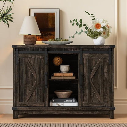 Vabches Bar Cabinet with Storage, Farmhouse Storage Cabinet with Sliding Barn Doors and Adjustable Shelves Small Rustic Liquor Cabinet for Living Room, Kitchen, Entryway