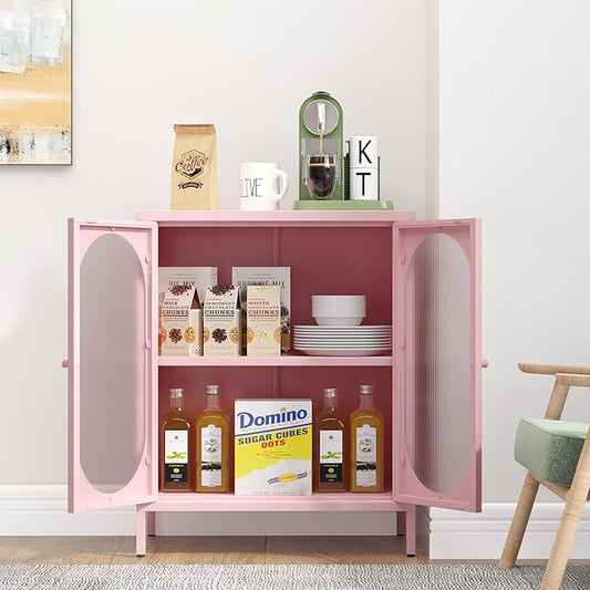 Display Cabinets with 2 Acrylic Doors，Small Pantry Cabinet, Storage Closet with Adjustable Shelf and High Feet, Pink Cabinet for Home, Office, Living Room,Dining Room,Sideboard, Hallway and Entryway
