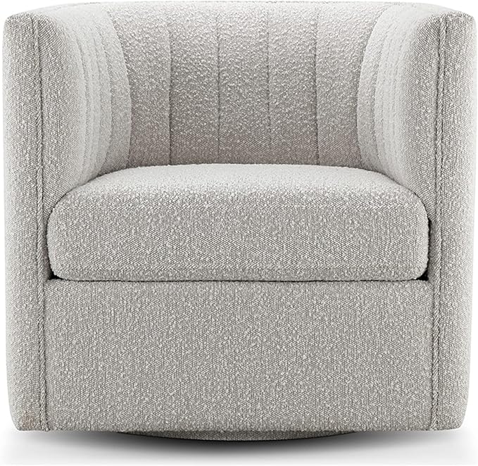CHERS Rivet Mid-Century Modern Swivel Armchair, Bouclé Fabric Channel-Tufted Accent Chair, 360-Degree Rotating Lounge Chair with Ergonomic Design for Living Room, Bedroom, Home Theater, Light Gray
