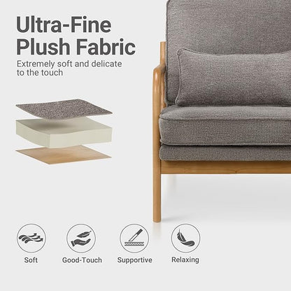 Modern Accent Chair with Lumbar Pillow, Relaxing Mid Century Chair Armchair with Solid Wood Frame & Soft Cushion, Reading Leisure Armchair for Living Room, Grey