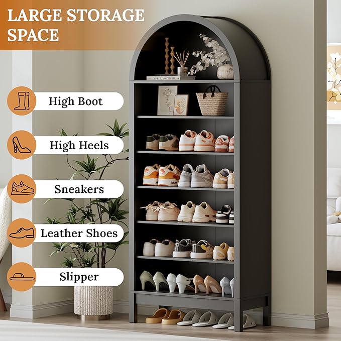 Shoe Cabinet, 70" Tall Arched Shoe Rack with 3 Adjustable Shelves, 7-Tier Large Freestanding Shoe Storage Organizer for Entryway, Closet, Hallway, Living Room