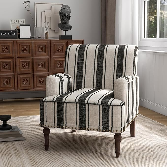 UIXE Stripe Accent Chair, Modern Upholstered Armchair in Fabric for Living Room, Nailhead Trim Club Arm Chair Comfy Single Sofa Bedroom Reading Seat with Wood Legs - Black
