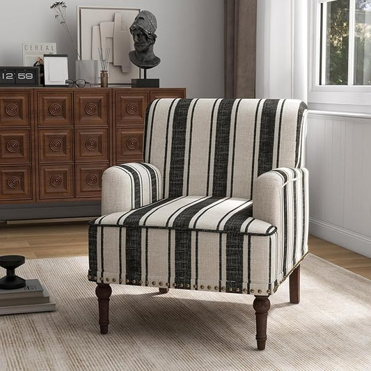 UIXE Stripe Accent Chair, Modern Upholstered Armchair in Fabric for Living Room, Nailhead Trim Club Arm Chair Comfy Single Sofa Bedroom Reading Seat with Wood Legs - Black