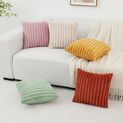 Pallene Faux Fur Plush Throw Pillow Covers 16x16 Set of 2, Luxury Soft Fluffy Striped Decorative Pillow Covers for Sofa, Couch, Living Room, Sage Green